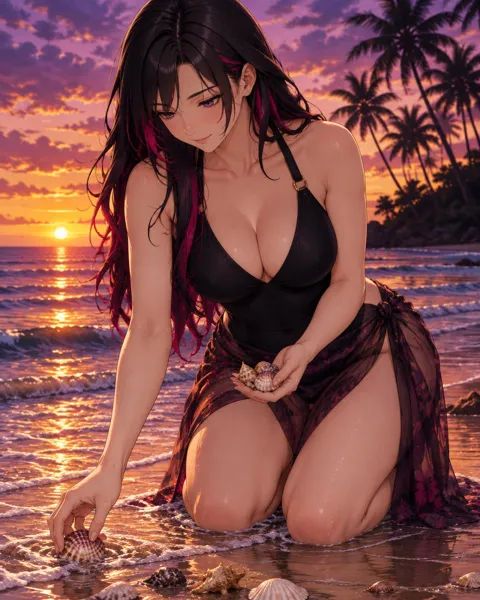 Maelithra, an adult anime companion kneeling at the water's edge collecting seashells at sunset