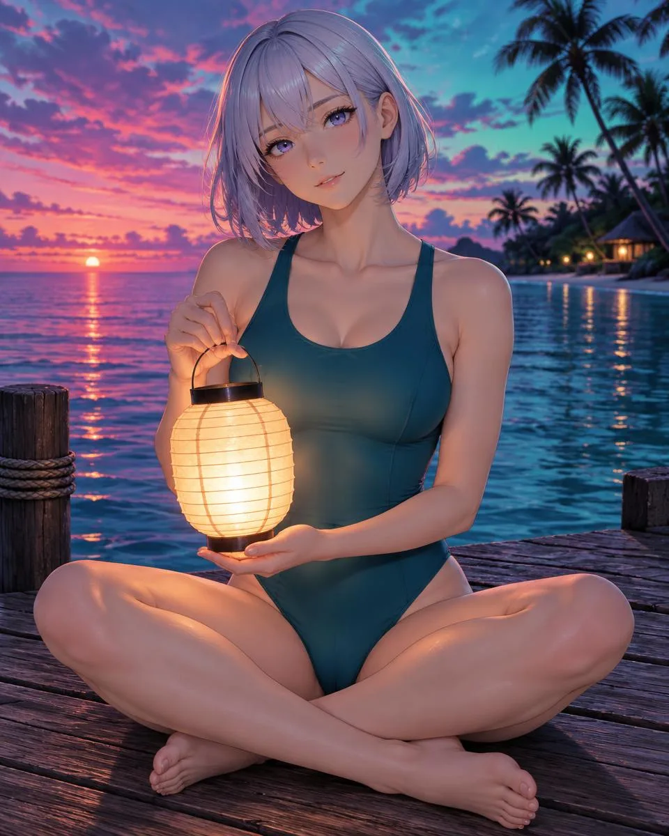 Novaliss, an adult anime companion sitting cross-legged on a wooden pier holding a glowing paper lantern at dusk