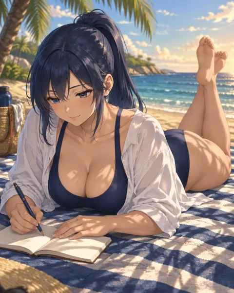 Odessrin, an adult anime companion lying on a striped beach towel writing in her notebook under palm shade