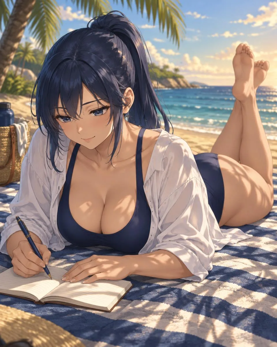Odessrin, an adult anime companion lying on a striped beach towel writing in her notebook under palm shade
