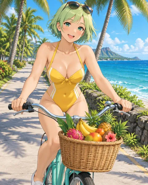 Zephyrine, an adult anime companion riding a bicycle with a fruit basket along a palm-lined seaside road